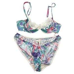 Vintage Lovable Shiny Satin Panties Bra Second Skin L/34B Miami Tropical Party